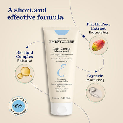 Embryolisse Foaming Cream Milk Hydrating Cleanser for Face and Body, Soap-Free Vegan Formula, 6.76 Fl Oz Avelisse