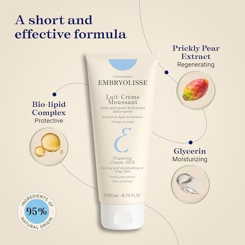 Embryolisse Foaming Cream Milk Hydrating Cleanser for Face and Body, Soap-Free Vegan Formula, 6.76 Fl Oz Avelisse