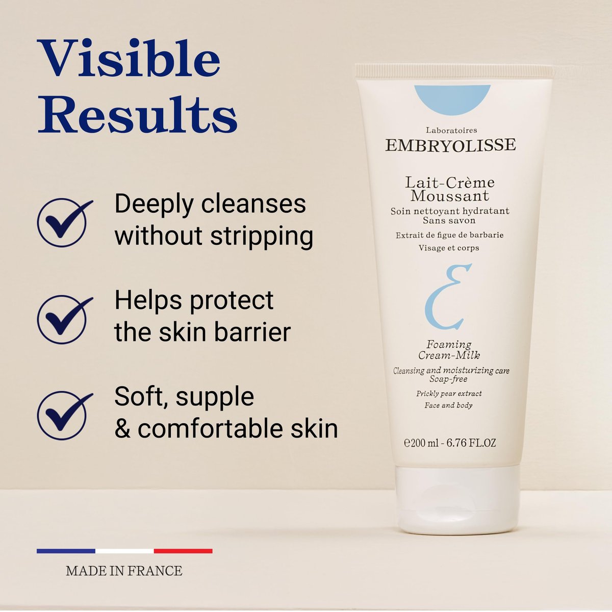 Embryolisse Foaming Cream Milk Hydrating Cleanser for Face and Body, Soap-Free Vegan Formula, 6.76 Fl Oz Avelisse