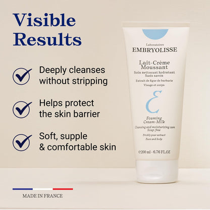 Embryolisse Foaming Cream Milk Hydrating Cleanser for Face and Body, Soap-Free Vegan Formula, 6.76 Fl Oz Avelisse
