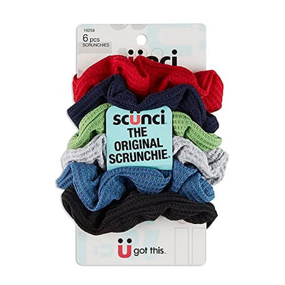 Scunci by Conair Original Waffle Knit Scrunchie Hair Ties, 6-Pack (Navy, White, Red, Blue, Grey, Black)