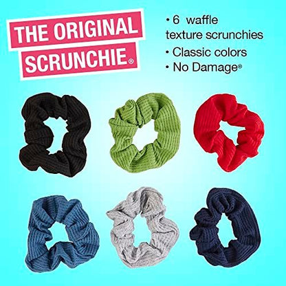 Scunci by Conair Original Waffle Knit Scrunchie Hair Ties, 6-Pack (Navy, White, Red, Blue, Grey, Black)
