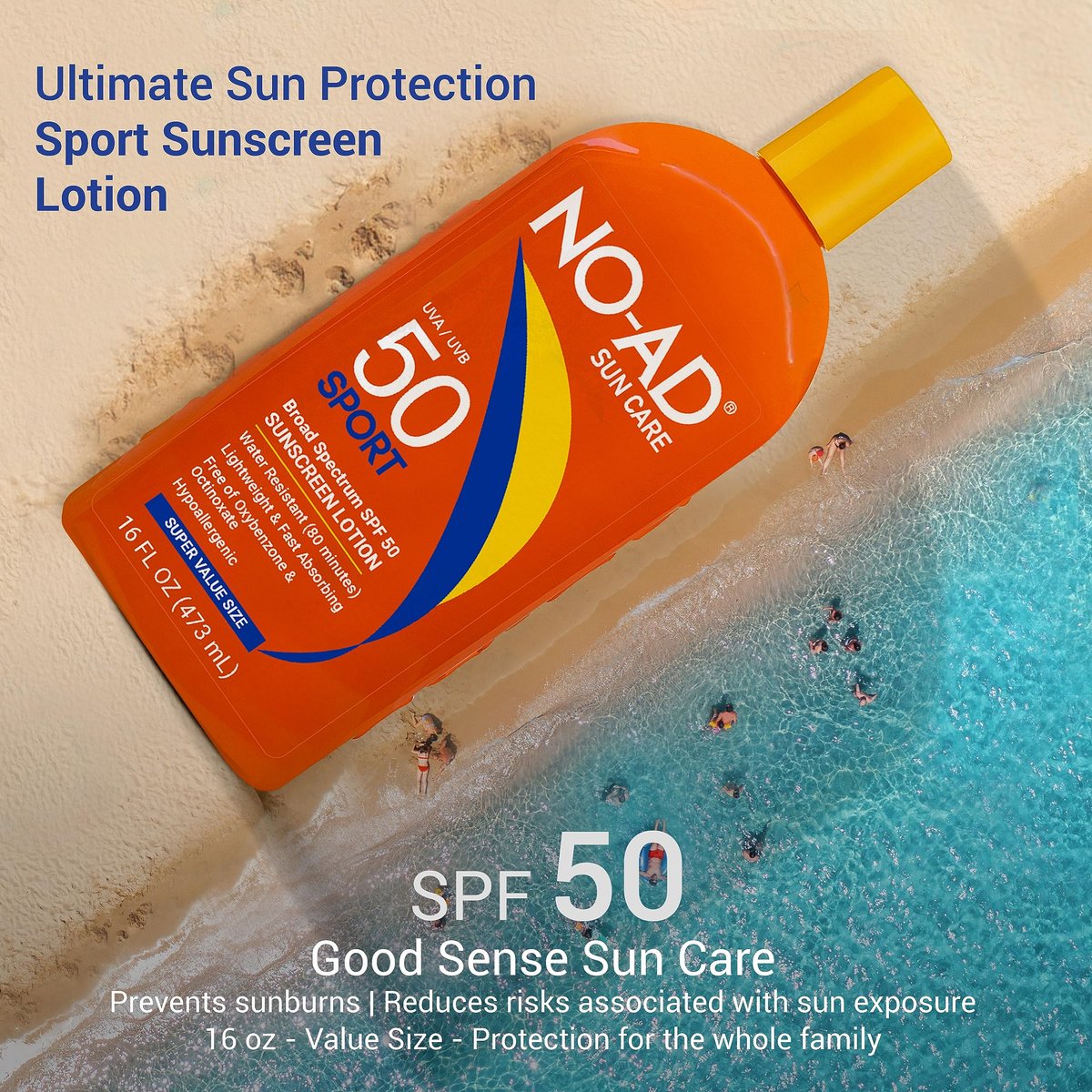 NO-AD Sport Sunscreen Lotion, SPF 50, 16 oz - High Protection for Active Lifestyles Avelisse