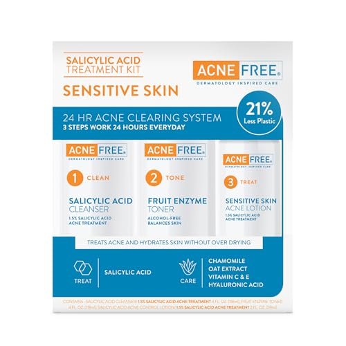 AcneFree 24Hr Acne Clearing System for Sensitive Skin - 3-Step Kit with 1.5% Salicylic Acid, Gentle Alcohol-Free Cleanser, Toner & Lotion, Dermatologist Recommended Avelisse