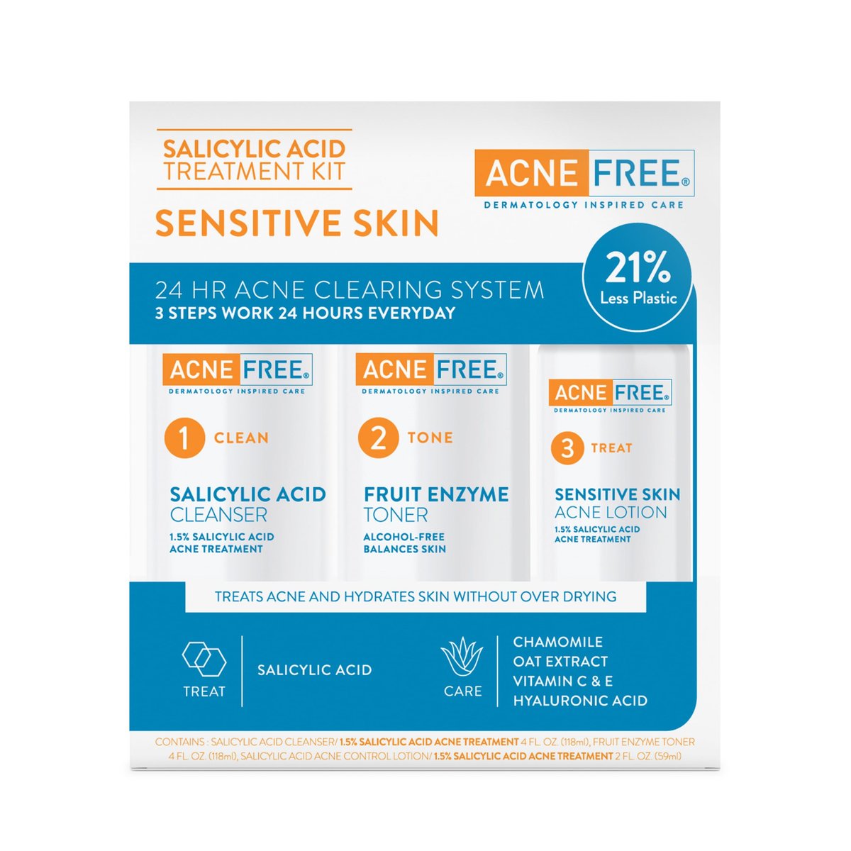 AcneFree 24Hr Acne Clearing System for Sensitive Skin - 3-Step Kit with 1.5% Salicylic Acid, Gentle Alcohol-Free Cleanser, Toner & Lotion, Dermatologist Recommended Avelisse
