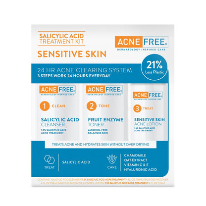 AcneFree 24Hr Acne Clearing System for Sensitive Skin - 3-Step Kit with 1.5% Salicylic Acid, Gentle Alcohol-Free Cleanser, Toner & Lotion, Dermatologist Recommended Avelisse