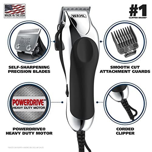 Wahl Chrome Pro Corded Clipper Complete Haircutting Kit for Men - Powerful Hair Clipping, Beard Trimming & Grooming - 24 Piece Set, Silver Avelisse