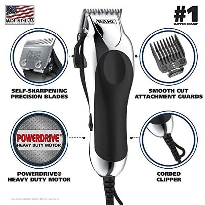 Wahl Chrome Pro Corded Clipper Complete Haircutting Kit for Men - Powerful Hair Clipping, Beard Trimming & Grooming - 24 Piece Set, Silver Avelisse