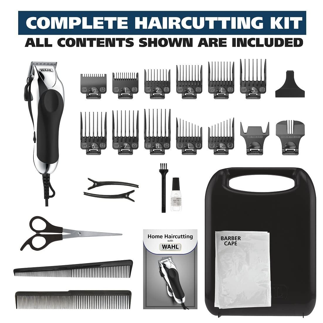Wahl Chrome Pro Corded Clipper Complete Haircutting Kit for Men - Powerful Hair Clipping, Beard Trimming & Grooming - 24 Piece Set, Silver Avelisse