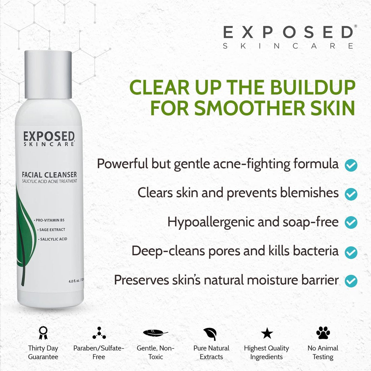 Exposed Skin Care Acne Facial Cleanser – Gentle Daily Face Wash with 0.5% Salicylic Acid for Sensitive & Acne-Prone Skin, Breakouts, Blackheads & Excess Oil – Natural, Non-Toxic & Cruelty Free (4 Fl Oz) Avelisse