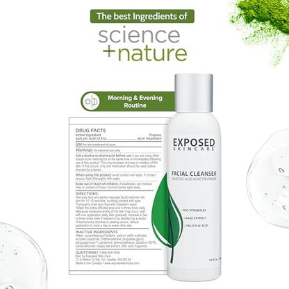 Exposed Skin Care Acne Facial Cleanser – Gentle Daily Face Wash with 0.5% Salicylic Acid for Sensitive & Acne-Prone Skin, Breakouts, Blackheads & Excess Oil – Natural, Non-Toxic & Cruelty Free (4 Fl Oz) Avelisse