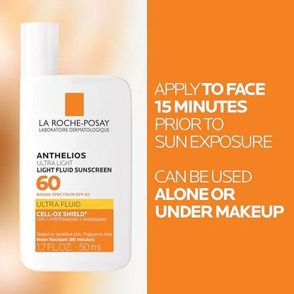 La Roche-Posay Anthelios Light Fluid Facial Sunscreen SPF 60 – Lightweight, Oil-Free & Oxybenzone-Free Face Sunscreen with Antioxidants, Travel Size 1.7 Fl Oz Avelisse