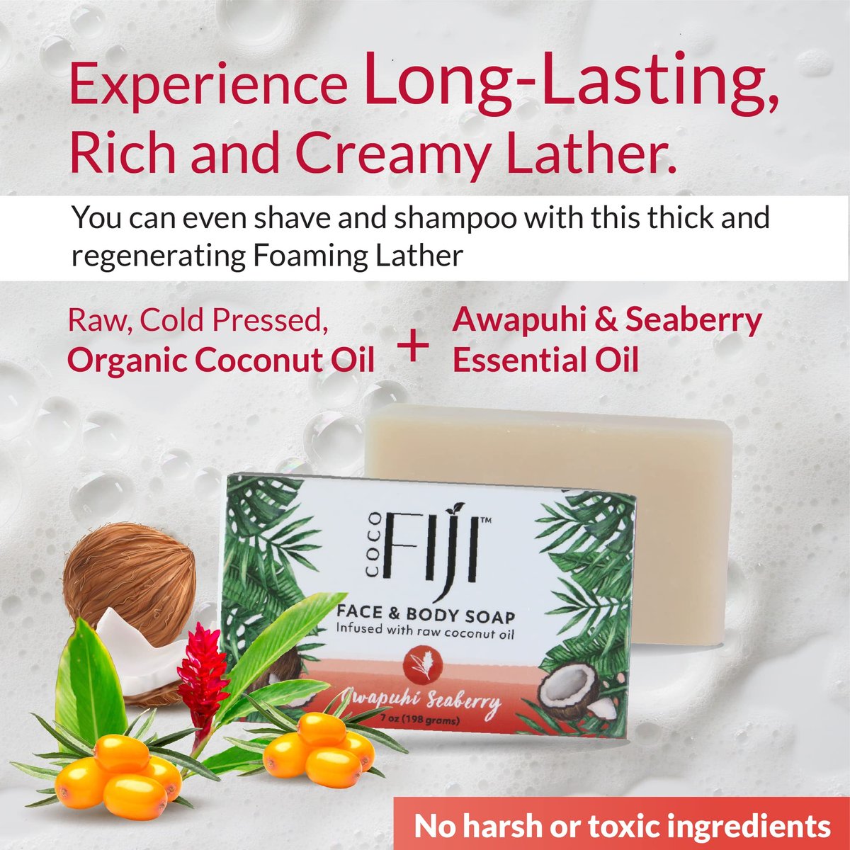 Organic Fiji Coco Fiji Soap Bar for Face and Body - Infused with Organic Coconut Oil, Awapuhi Seaberry, Essential Oil - Natural Moisturizing & Pore Purifying Soap, 7 oz, Pack of 2 - görsel 11