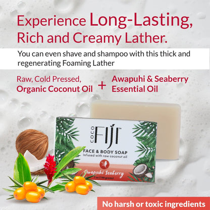 Organic Fiji Coco Fiji Soap Bar for Face and Body - Infused with Organic Coconut Oil, Awapuhi Seaberry, Essential Oil - Natural Moisturizing & Pore Purifying Soap, 7 oz, Pack of 2