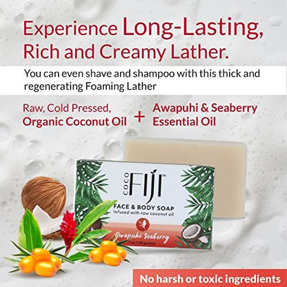 Organic Fiji Coco Fiji Soap Bar for Face and Body - Infused with Organic Coconut Oil, Awapuhi Seaberry, Essential Oil - Natural Moisturizing & Pore Purifying Soap, 7 oz, Pack of 2