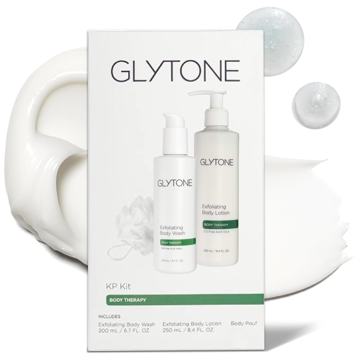 Glytone KP Kit – Exfoliating Body Wash, Glycolic Acid Lotion & Shower Pouf for Keratosis Pilaris – Smooth Rough Bumpy Skin, Fragrance-Free Skincare Routine for Dry Skin & Chicken Skin – Routine Kit Avelisse