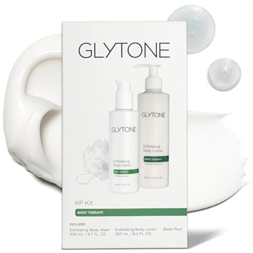 Glytone KP Kit – Exfoliating Body Wash, Glycolic Acid Lotion & Shower Pouf for Keratosis Pilaris – Smooth Rough Bumpy Skin, Fragrance-Free Skincare Routine for Dry Skin & Chicken Skin – Routine Kit Avelisse