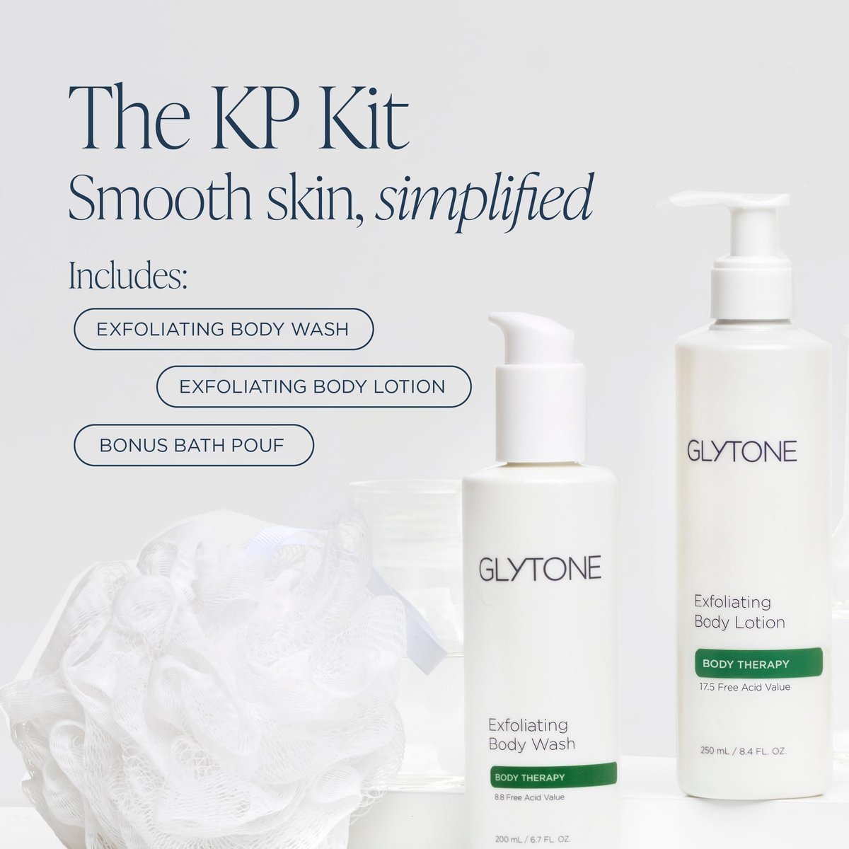 Glytone KP Kit – Exfoliating Body Wash, Glycolic Acid Lotion & Shower Pouf for Keratosis Pilaris – Smooth Rough Bumpy Skin, Fragrance-Free Skincare Routine for Dry Skin & Chicken Skin – Routine Kit Avelisse