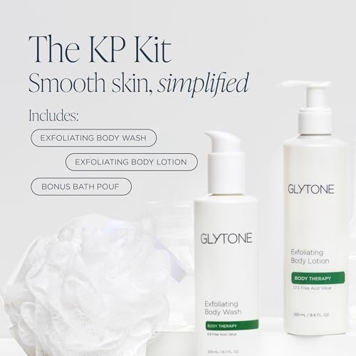 Glytone KP Kit – Exfoliating Body Wash, Glycolic Acid Lotion & Shower Pouf for Keratosis Pilaris – Smooth Rough Bumpy Skin, Fragrance-Free Skincare Routine for Dry Skin & Chicken Skin – Routine Kit Avelisse