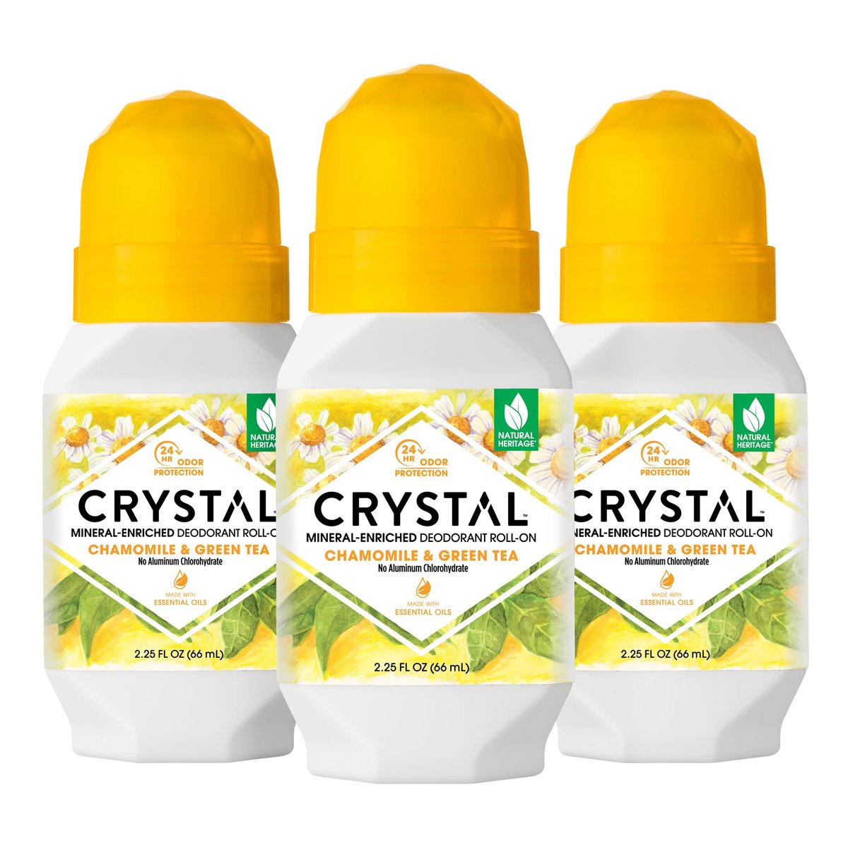 Crystal Essence Mineral Deodorant Roll-On 3-Pack: Natural, Aluminum-Free, 24-Hour Odor Protection with Chamomile & Green Tea, 2.25 FL OZ Each Avelisse