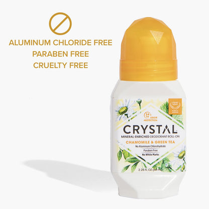 Crystal Essence Mineral Deodorant Roll-On 3-Pack: Natural, Aluminum-Free, 24-Hour Odor Protection with Chamomile & Green Tea, 2.25 FL OZ Each Avelisse
