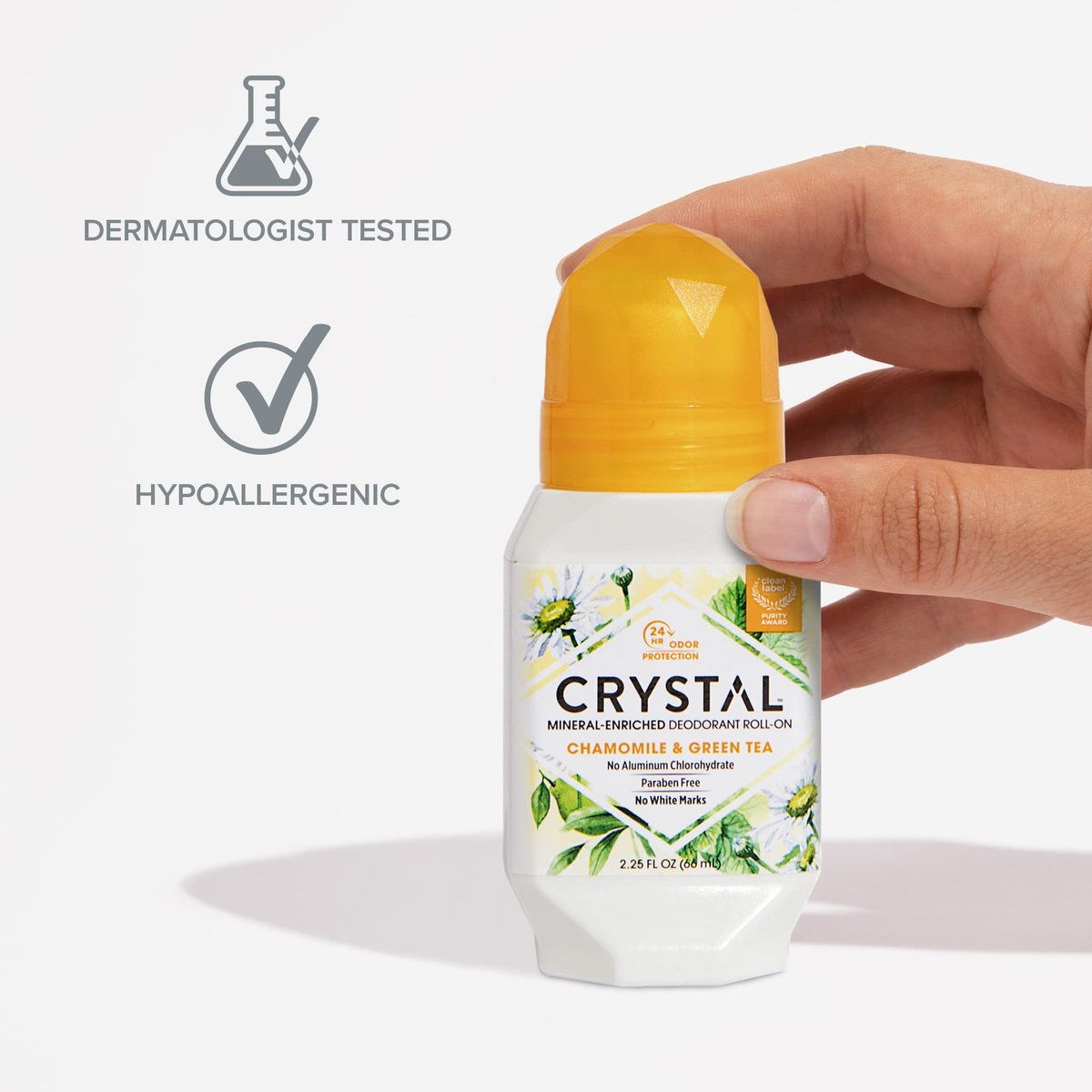 Crystal Essence Mineral Deodorant Roll-On 3-Pack: Natural, Aluminum-Free, 24-Hour Odor Protection with Chamomile & Green Tea, 2.25 FL OZ Each Avelisse