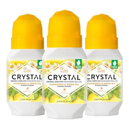 Crystal Essence Mineral Deodorant Roll-On 3-Pack: Natural, Aluminum-Free, 24-Hour Odor Protection with Chamomile & Green Tea, 2.25 FL OZ Each Avelisse