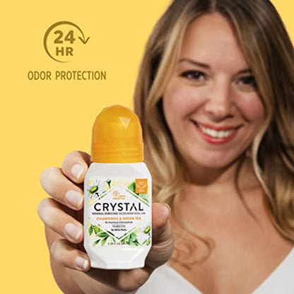 Crystal Essence Mineral Deodorant Roll-On 3-Pack: Natural, Aluminum-Free, 24-Hour Odor Protection with Chamomile & Green Tea, 2.25 FL OZ Each Avelisse