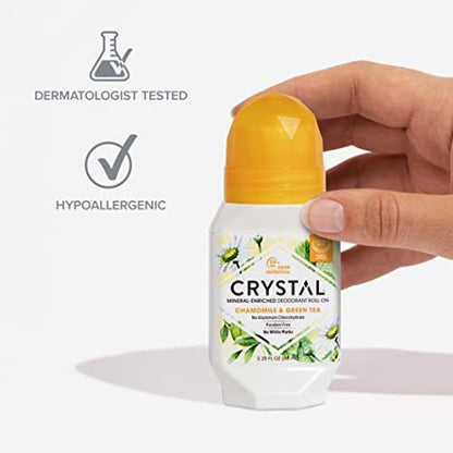 Crystal Essence Mineral Deodorant Roll-On 3-Pack: Natural, Aluminum-Free, 24-Hour Odor Protection with Chamomile & Green Tea, 2.25 FL OZ Each Avelisse