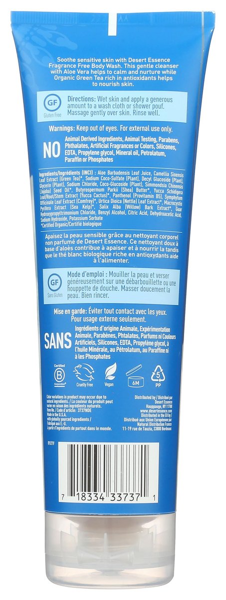 Desert Essence Fragrance Free Body Wash – Sensitive Skin Plant-Based Cleanser with Organic Aloe, Green Tea & Jojoba Oil, 8 oz Avelisse