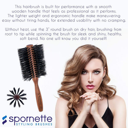 Spornette Italian Rounder Boar Bristle Round Hair Brush – Large 3-Inch Wooden Brush for Blow Drying, Styling & Volumizing for Women & Men Avelisse