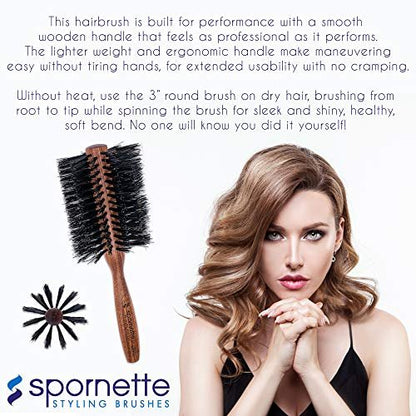 Spornette Italian Rounder Boar Bristle Round Hair Brush – Large 3-Inch Wooden Brush for Blow Drying, Styling & Volumizing for Women & Men Avelisse