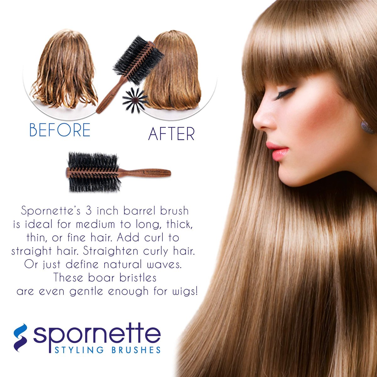 Spornette Italian Rounder Boar Bristle Round Hair Brush – Large 3-Inch Wooden Brush for Blow Drying, Styling & Volumizing for Women & Men Avelisse