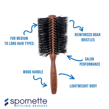 Spornette Italian Rounder Boar Bristle Round Hair Brush – Large 3-Inch Wooden Brush for Blow Drying, Styling & Volumizing for Women & Men Avelisse