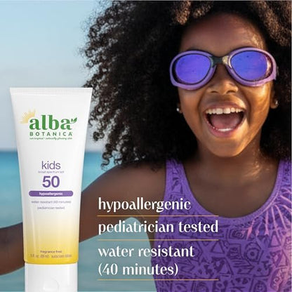 Alba Botanica Kids Sunscreen Body Lotion SPF 50, 3 oz | Mineral-Based, Reef-Safe Sun Protection