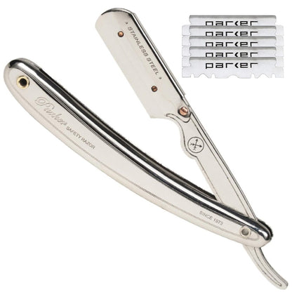 Parker SR1 Stainless Steel Straight Edge Barber Razor – Professional Shavette with 5 Premium Platinum Half Blades for Close, Smooth Shaves Avelisse