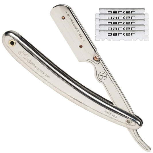 Parker SR1 Stainless Steel Straight Edge Barber Razor – Professional Shavette with 5 Premium Platinum Half Blades for Close, Smooth Shaves Avelisse