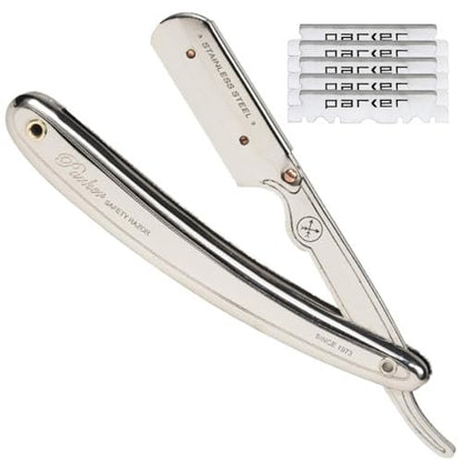 Parker SR1 Stainless Steel Straight Edge Barber Razor – Professional Shavette with 5 Premium Platinum Half Blades for Close, Smooth Shaves Avelisse