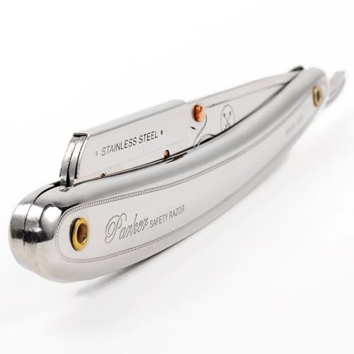 Parker SR1 Stainless Steel Straight Edge Barber Razor – Professional Shavette with 5 Premium Platinum Half Blades for Close, Smooth Shaves Avelisse