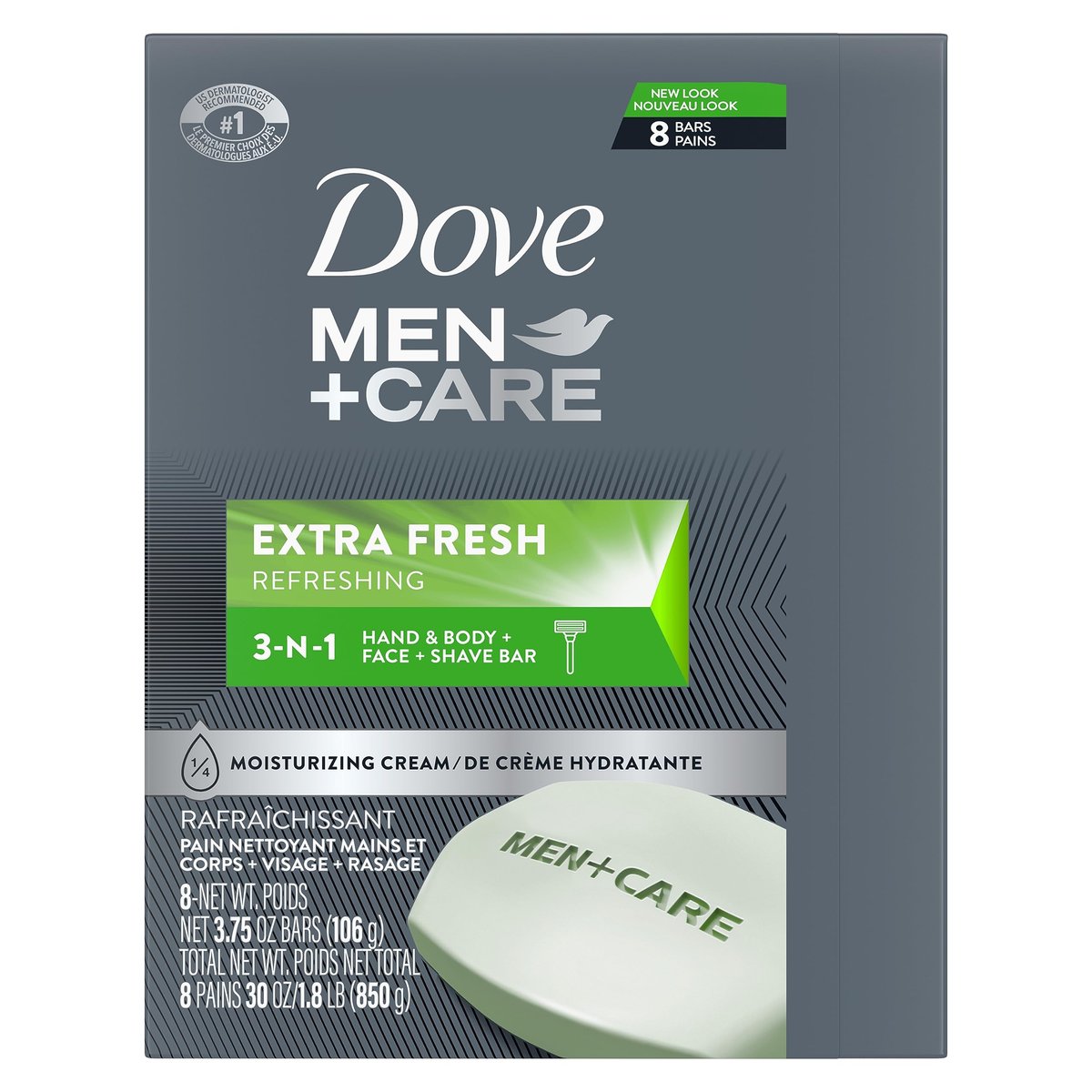 Dove Men+Care 3-in-1 Bar Cleanser for Body, Face, and Shaving - Extra Fresh, 3.75 oz (Pack of 8) – Hydrating & More Moisturizing Than Bar Soap Avelisse