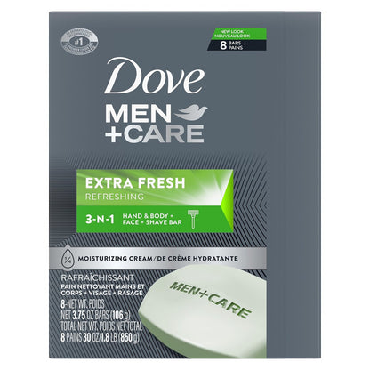 Dove Men+Care 3-in-1 Bar Cleanser for Body, Face, and Shaving - Extra Fresh, 3.75 oz (Pack of 8) – Hydrating & More Moisturizing Than Bar Soap Avelisse