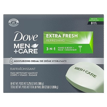 Dove Men+Care 3-in-1 Bar Cleanser for Body, Face, and Shaving - Extra Fresh, 3.75 oz (Pack of 8) – Hydrating & More Moisturizing Than Bar Soap Avelisse