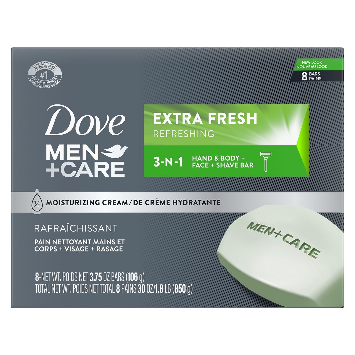 Dove Men+Care 3-in-1 Bar Cleanser for Body, Face, and Shaving - Extra Fresh, 3.75 oz (Pack of 8) – Hydrating & More Moisturizing Than Bar Soap Avelisse