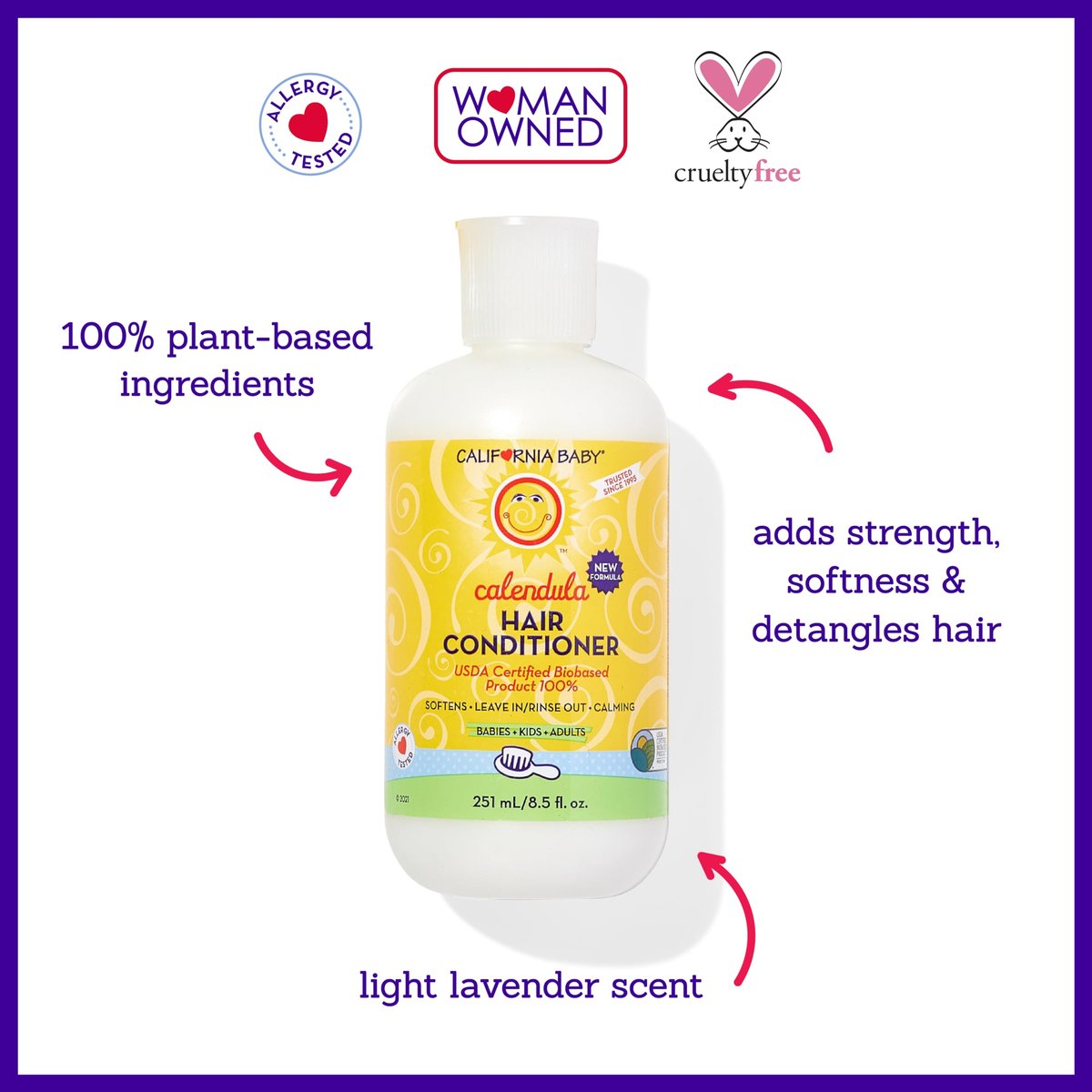 California Baby Calendula Hair Conditioner - 100% Plant-Based Kids Conditioner, Rinse-out or Leave-in, Lavender Scent, 8.5 oz - görsel 5