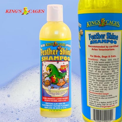 King's Cages Feather Shine 17 oz Pet Shampoo with Aloe Vera Gel for Birds, Dogs, Cats - Cleans Feathers, Fur, and Skin, Reduces Itching & Irritation