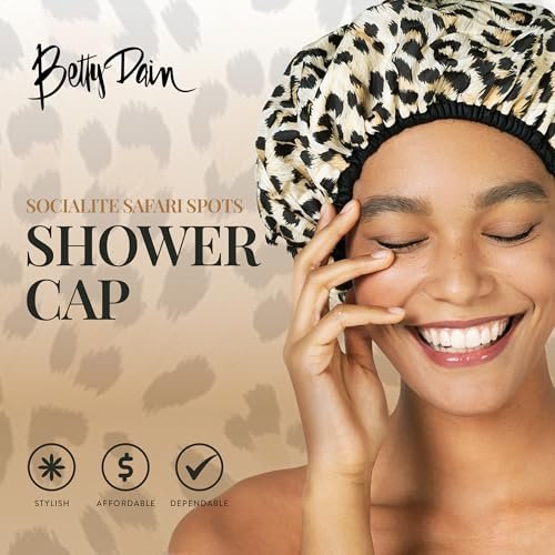 Betty Dain Reversible Oversized Waterproof Shower Cap – Large Nylon Shower Cap with Terry Lining for Long Hair, Socialite Safari Spots - görsel 4