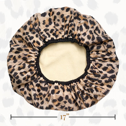 Betty Dain Reversible Oversized Waterproof Shower Cap – Large Nylon Shower Cap with Terry Lining for Long Hair, Socialite Safari Spots