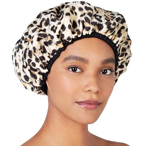 Betty Dain Reversible Oversized Waterproof Shower Cap – Large Nylon Shower Cap with Terry Lining for Long Hair, Socialite Safari Spots - görsel 2