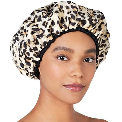 Betty Dain Reversible Oversized Waterproof Shower Cap – Large Nylon Shower Cap with Terry Lining for Long Hair, Socialite Safari Spots