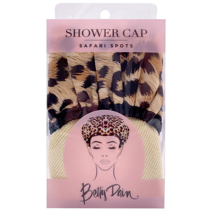 Betty Dain Reversible Oversized Waterproof Shower Cap – Large Nylon Shower Cap with Terry Lining for Long Hair, Socialite Safari Spots